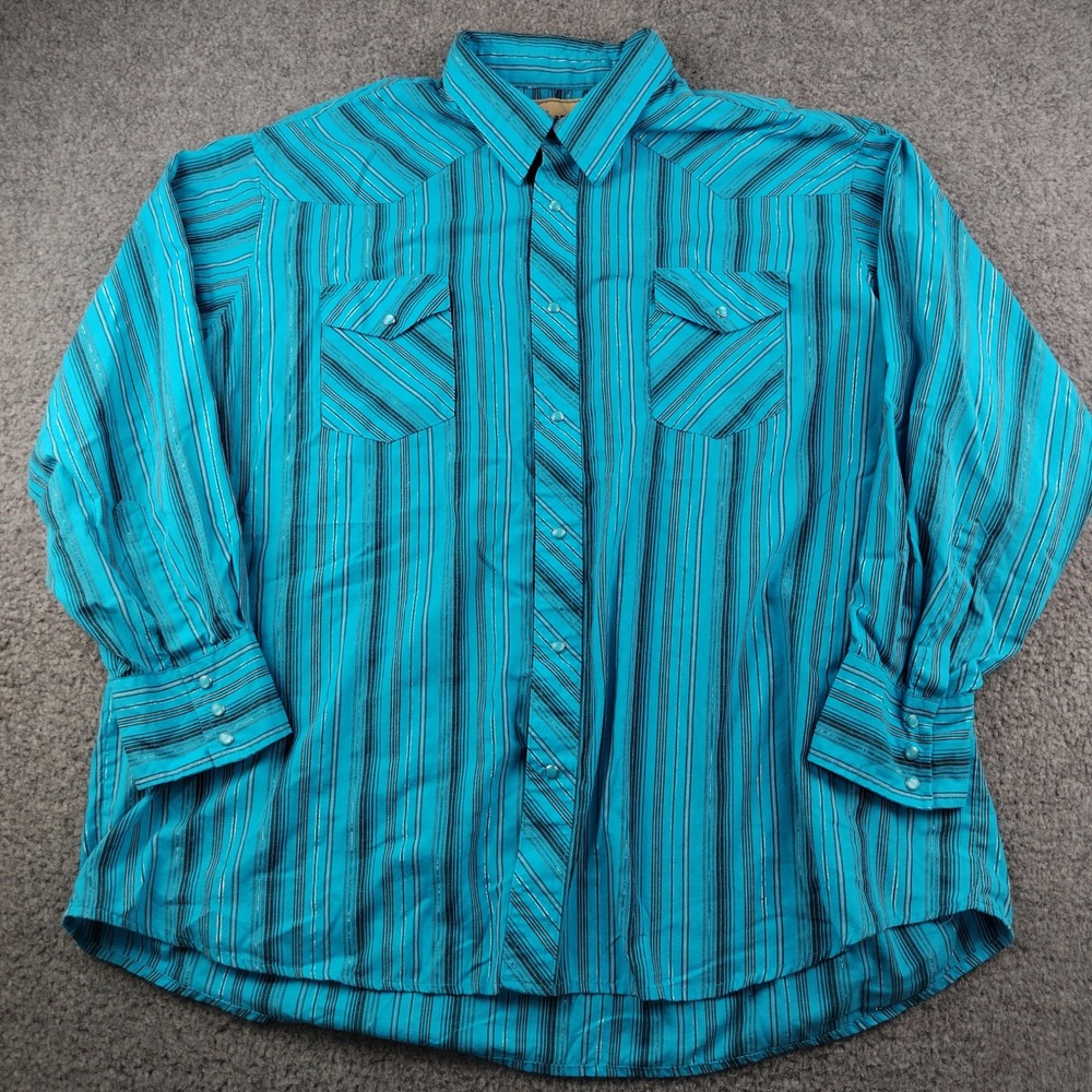 Wrangler Shirt Pearl Snap Mens 3XL Turquoise Striped Metallic Western Rodeo EUC
